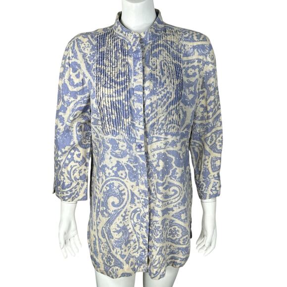 Coldwater Creek Linen Tunic Top Womens Large Petite Paisley Button Pintuck Pleat - Picture 1 of 12
